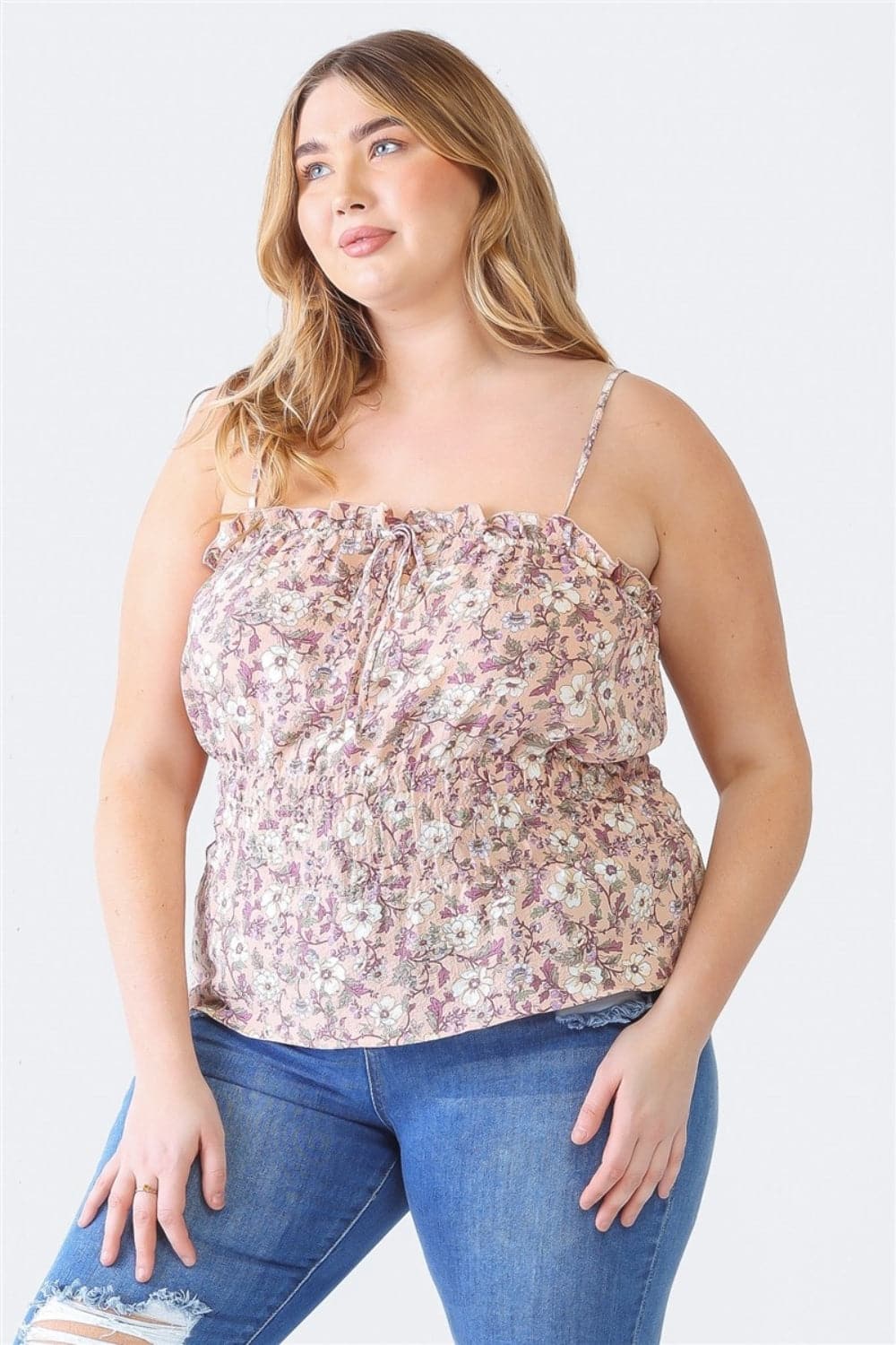 Zenobia Plus Size Frill Floral Square Neck Cami.