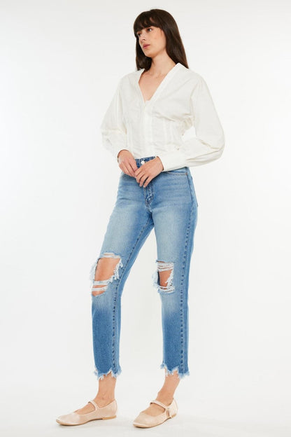 Kancan Distressed Frayed Hem Cropped Jeans.