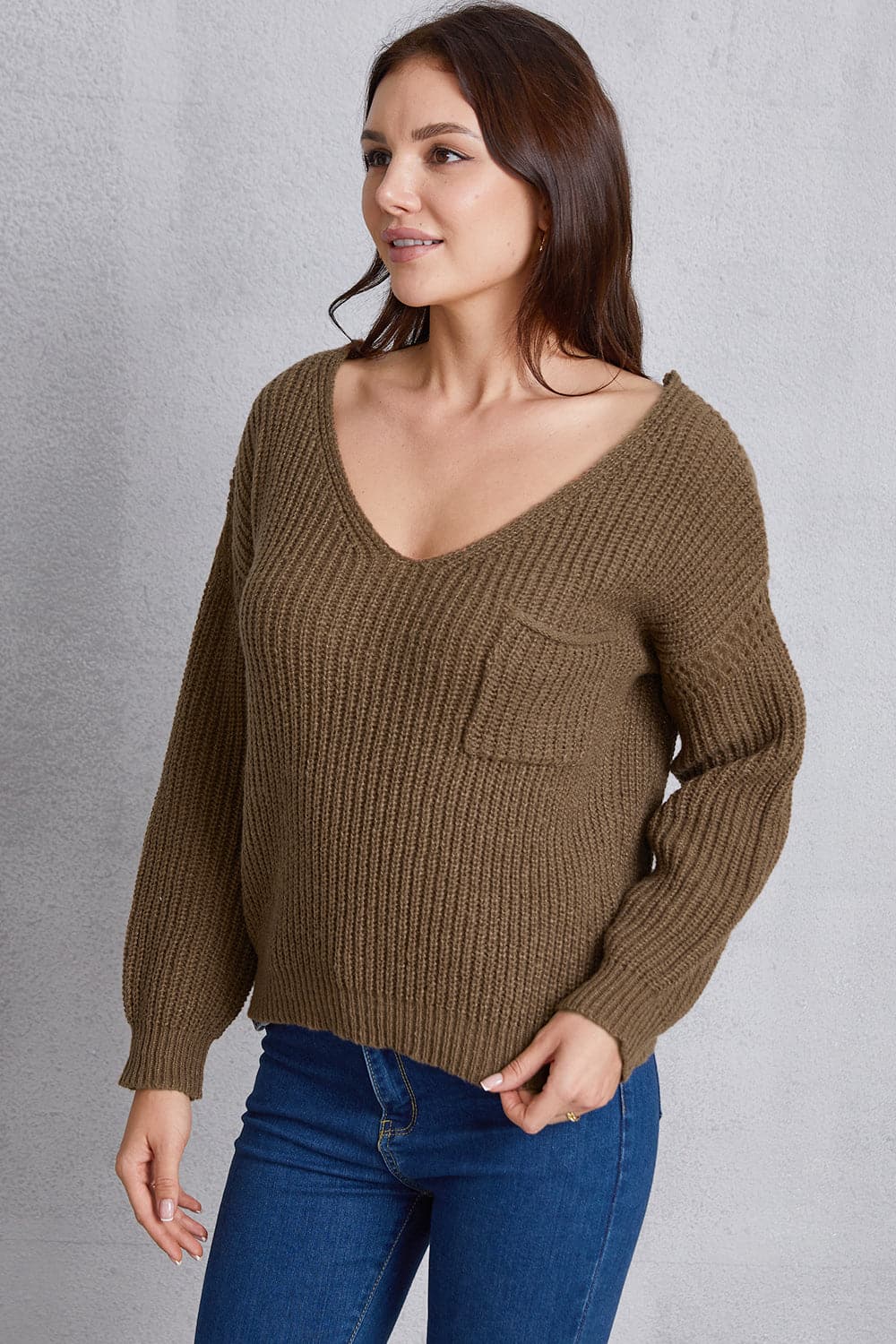 V-Neck Pocketed Dropped Shoulder Knit Top.