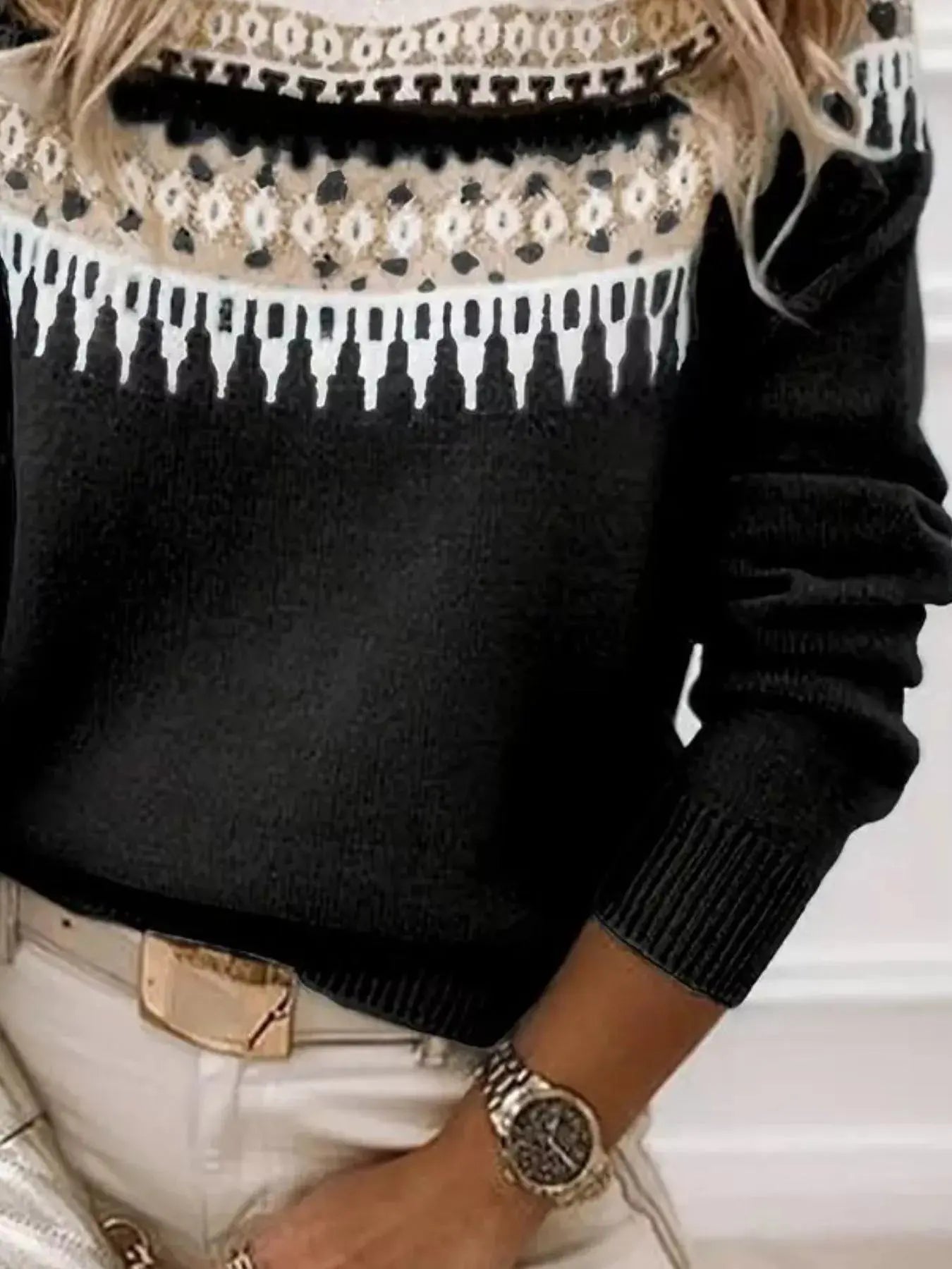 Full Size Vintage Patterned Round Neck Sweater Plus Size Simply Love
