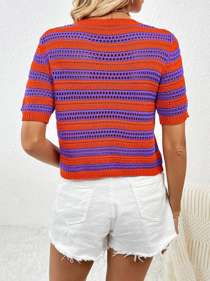 Openwork Striped Round Neck Short Sleeve Knit Top.