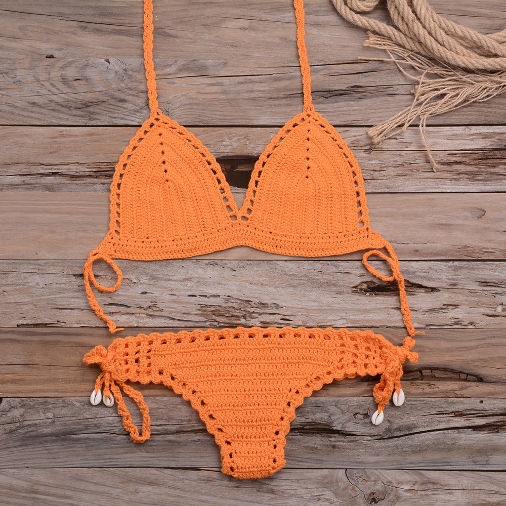 All-Matching Handmade Weaving Hollow Out Cutout Beach Women Split Bikini Swimsuit Shell Shorts Suit Bella Mia