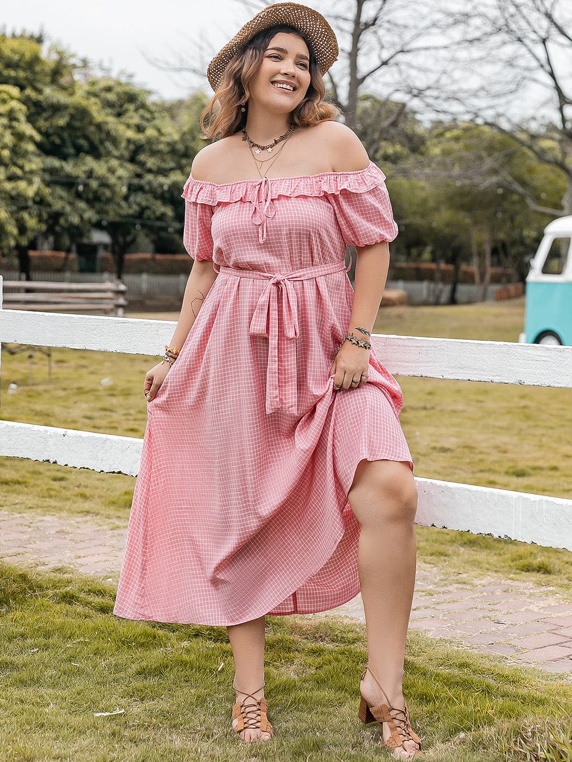 Plus Size Plaid Off-Shoulder Short Sleeve Midi Dress.