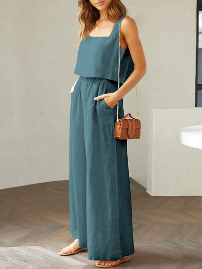 Square Neck Top and Wide Leg Pants Set.