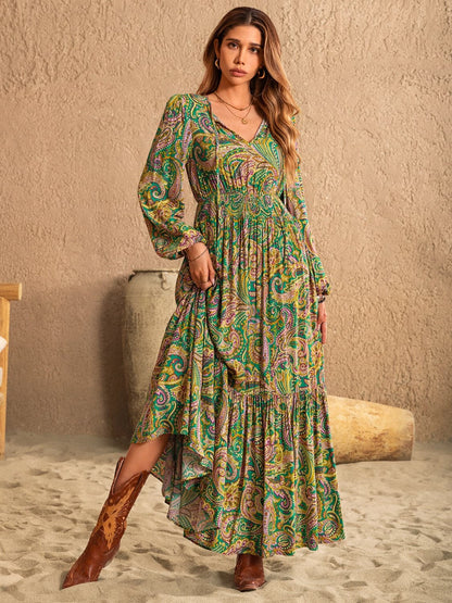 Printed Tie Neck Long Sleeve Dress.