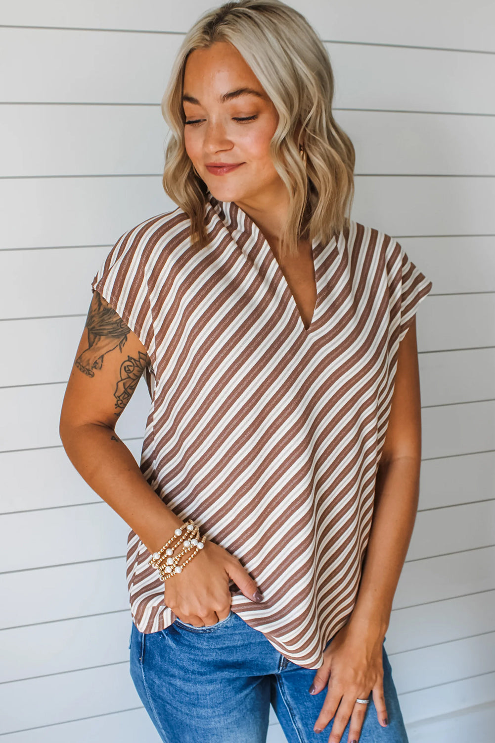 Chestnut Striped Stand V Neck Short Sleeve Blouse for Women