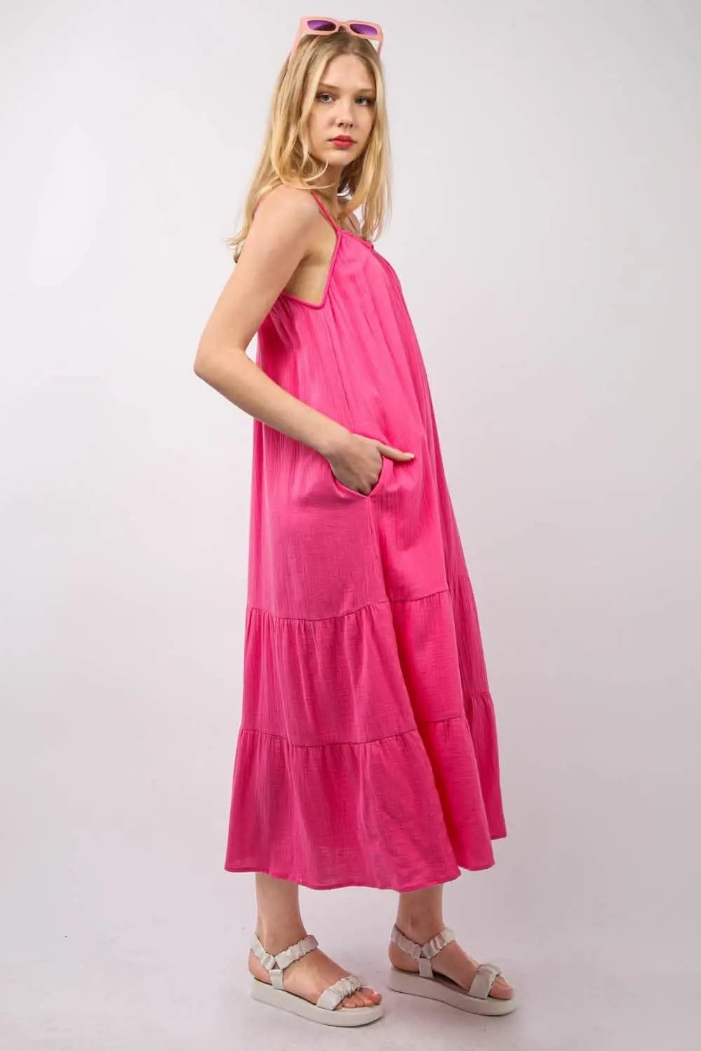 Very J Ruffled A-Line Midi Cami Dress for Summer Elegance - Love Salve 