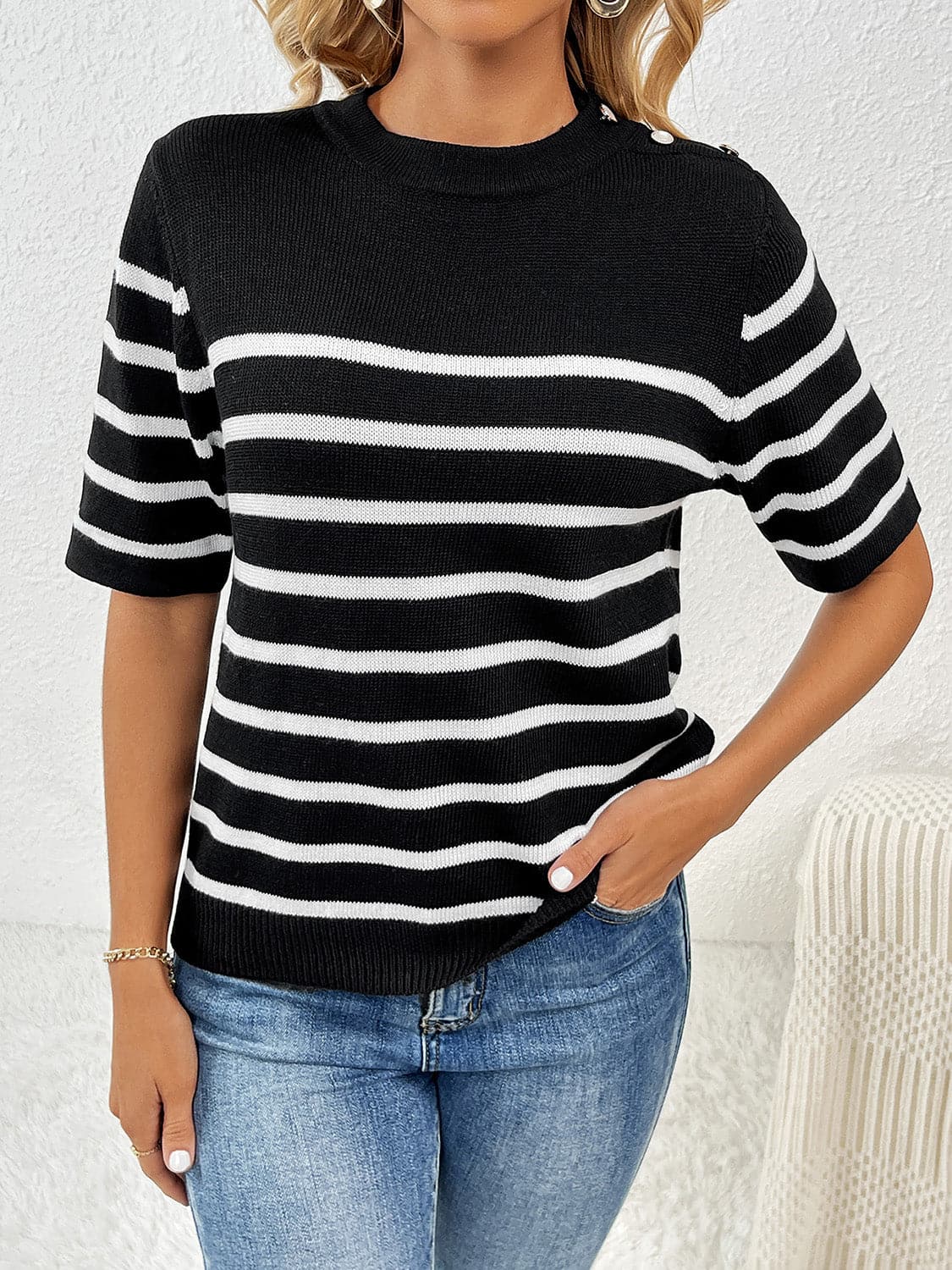 Striped Round Neck Half Sleeve Knit Top.