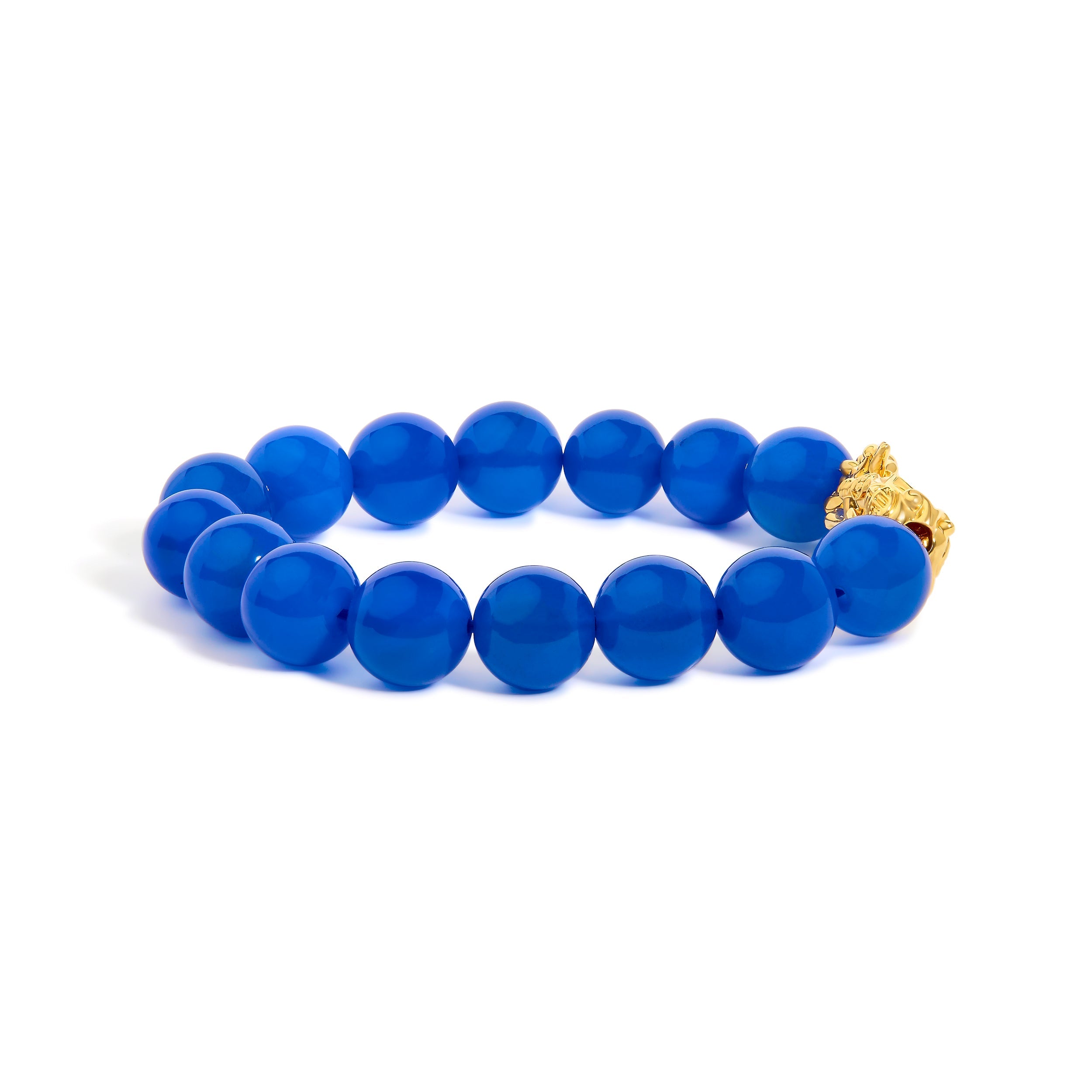 18K Yellow Gold Blue Agate Beaded Dragon Charm Bracelet