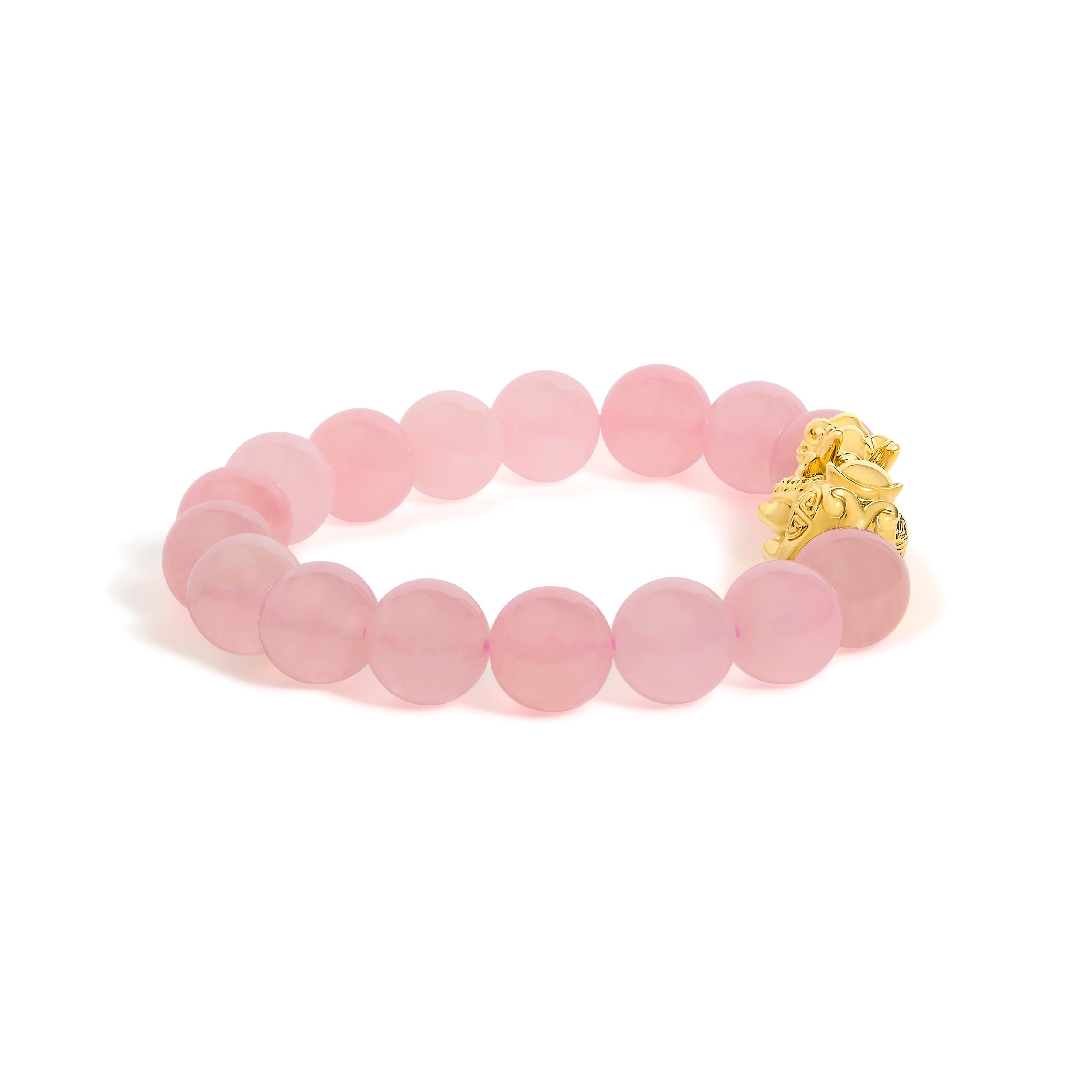 18K Yellow Gold Dragon Charm Natural Rose Quartz Beaded Charm Bracelet