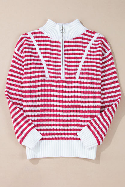 Trendy Pink Striped Zip-Up High Neck Sweater with Drop Shoulders