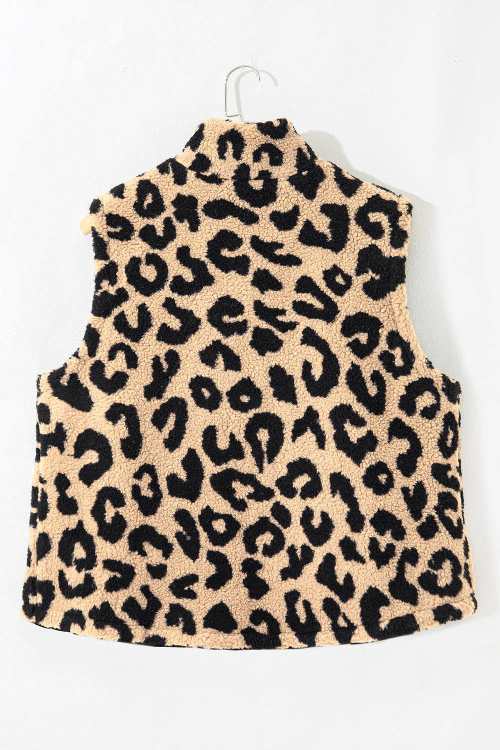 Premium Khaki Leopard Sherpa Button Front Plus Size Vest Jacket