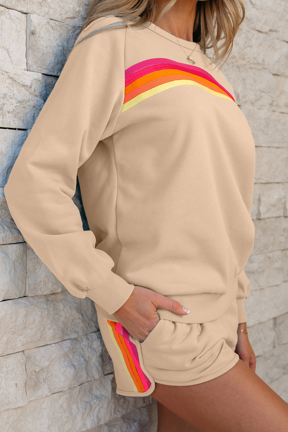 Apricot Striped Accent Pullover and Shorts Two Piece Set