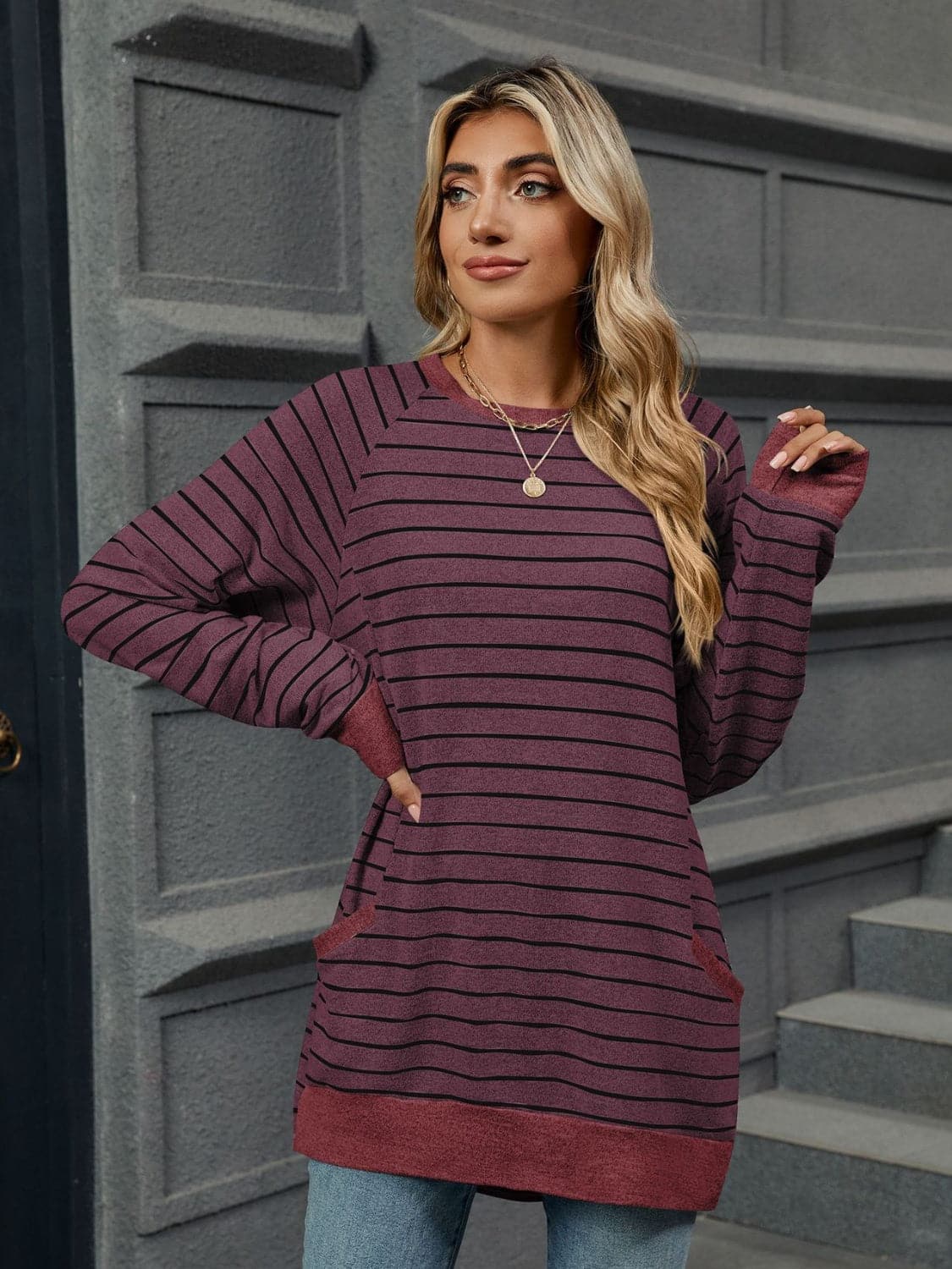 Pocketed Striped Round Neck Long Sleeve T-Shirt.