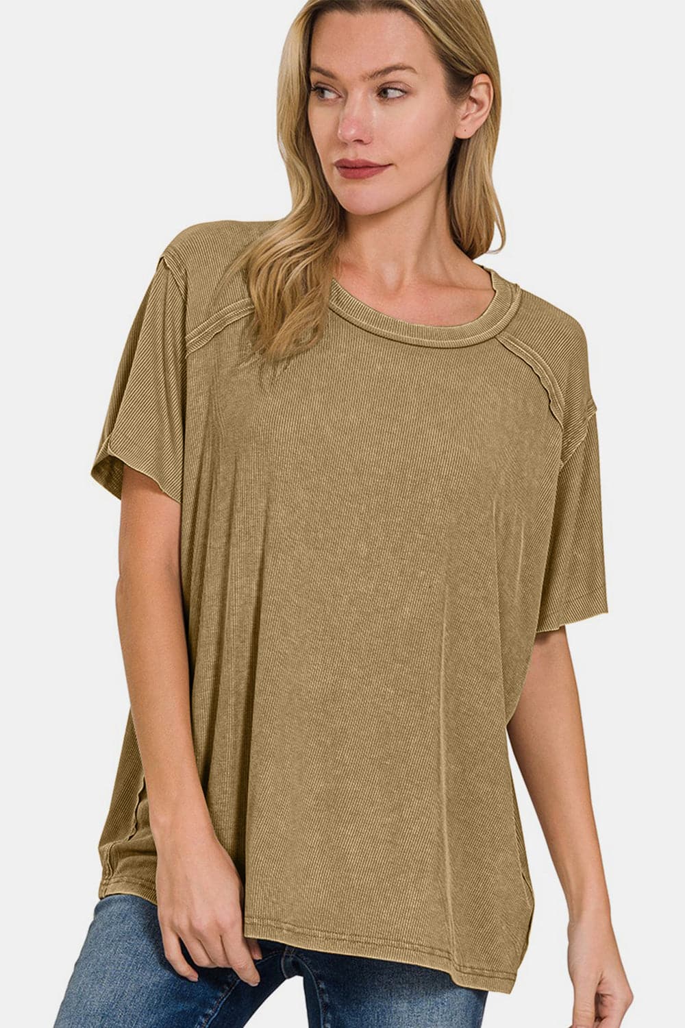 Zenana Washed Ribbed Short Sleeve Top.