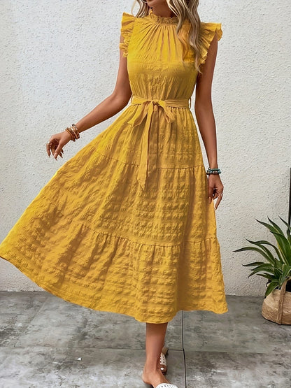 Tied Ruffled Cap Sleeve Midi Dress.