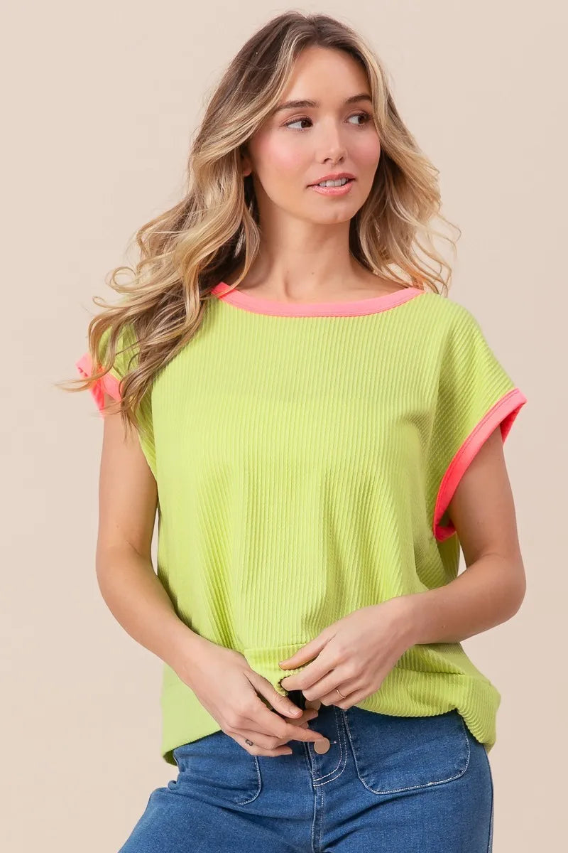 BiBi Cord Rib Knit Contrast Banded Top - Love Salve 
