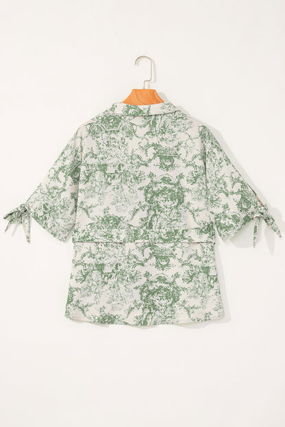 Nature-Inspired Green Print 3/4 Sleeve Sash Shirt