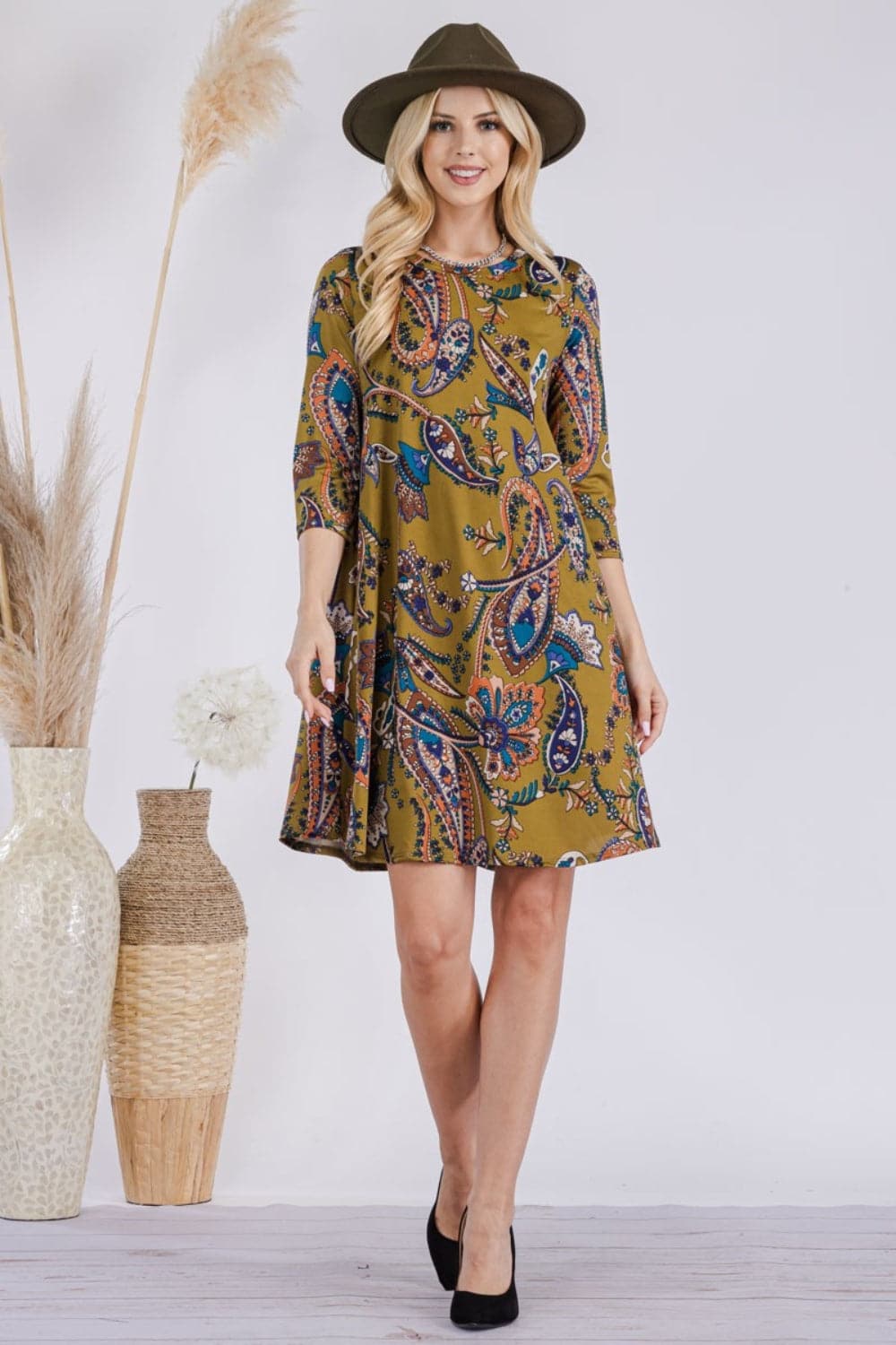 Celeste Full Size Paisley Print Round Neck Dress with Pockets.