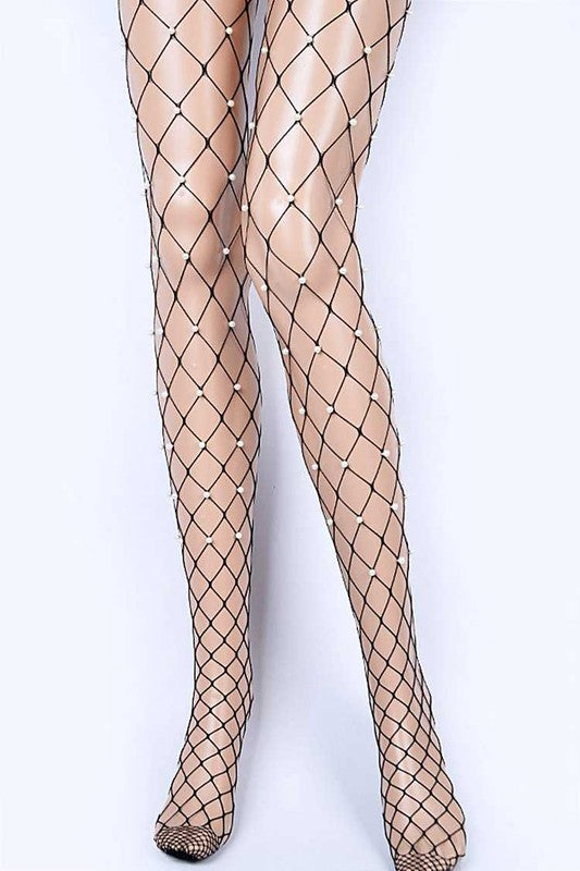 Elegant pearl-embellished fishnet stockings