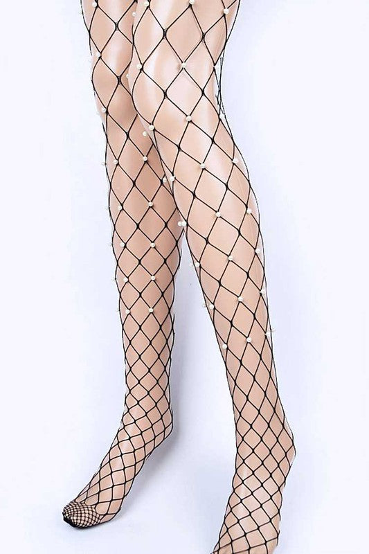 Elegant pearl-embellished fishnet stockings