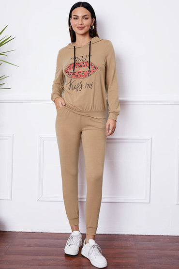 SHUT UP AND KISS ME Lip Graphic Hooded Top and Drawstring Pants Set.