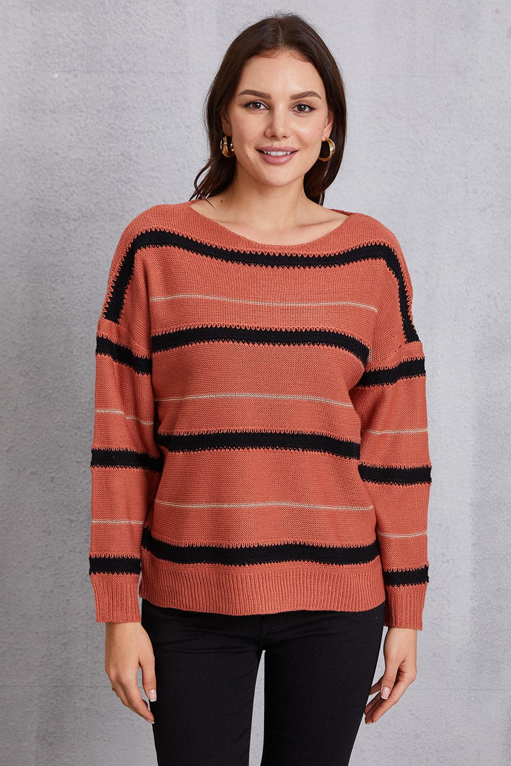 Striped Round Neck Dropped Shoulder Sweater.