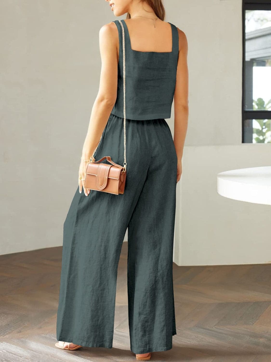 Square Neck Top and Wide Leg Pants Set.