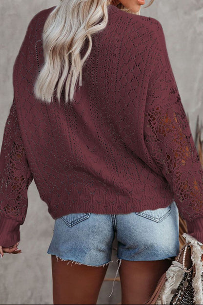 Openwork Lantern Sleeve Dropped Shoulder Sweater.