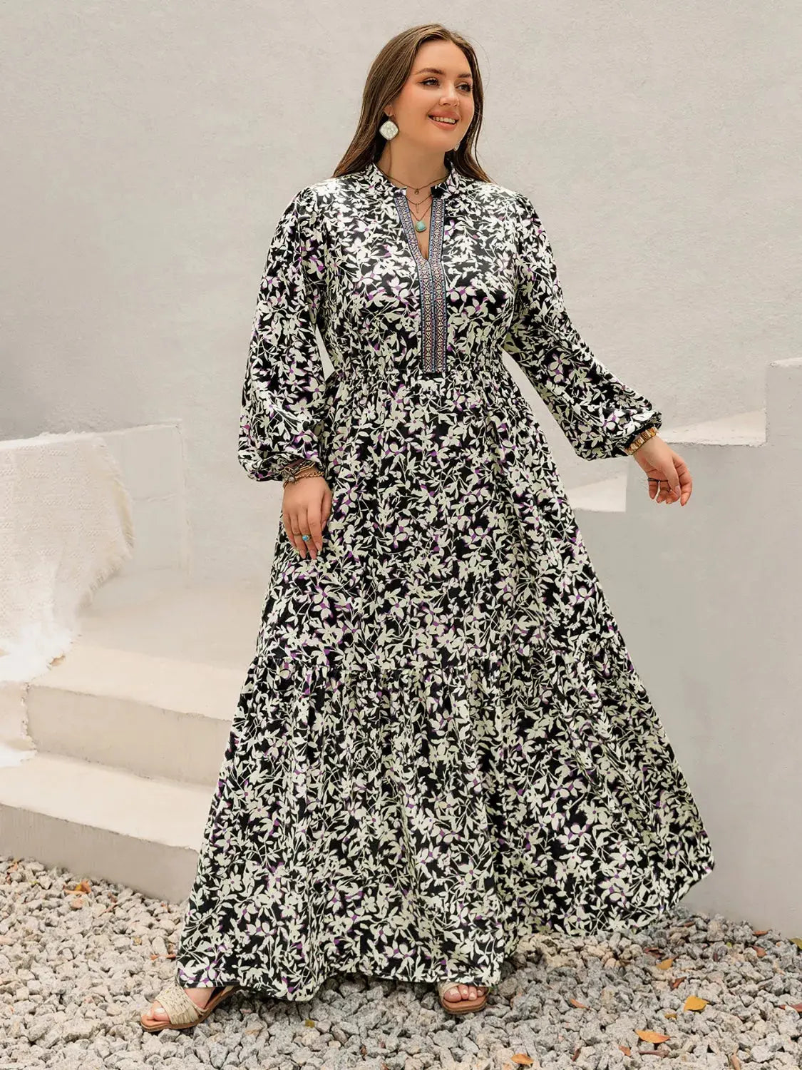 Plus Size Floral Print Long Sleeve Tiered Maxi Dress Simply Love
