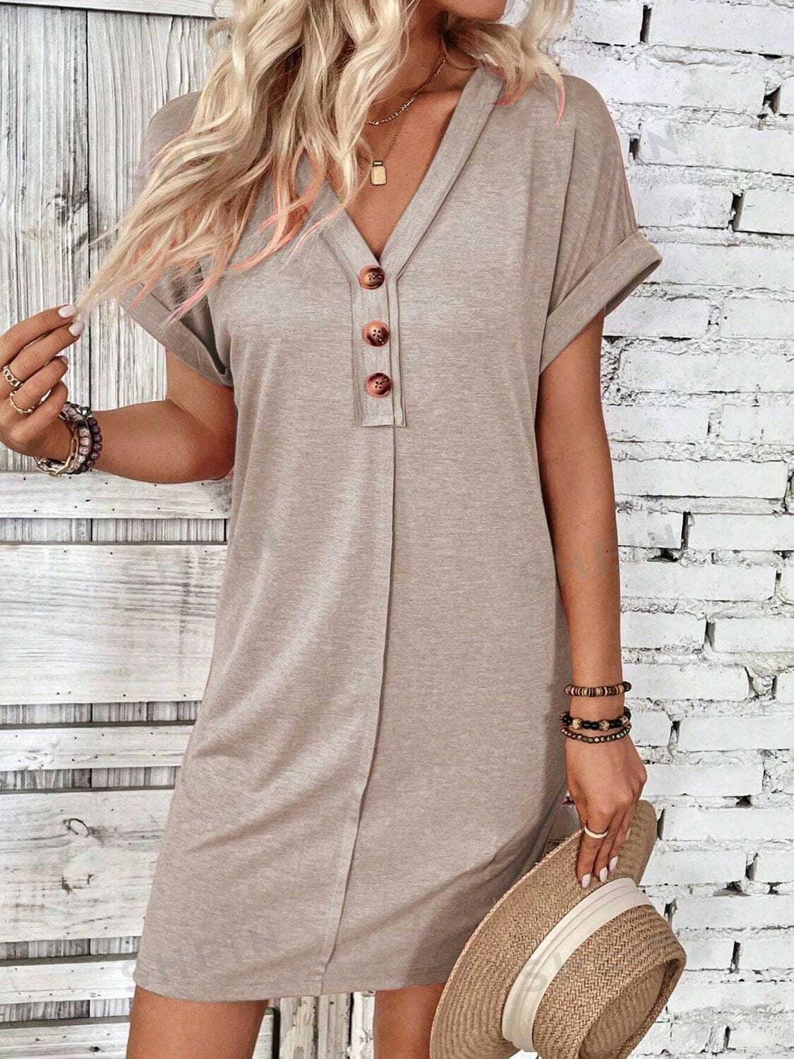 Quarter Button V-Neck Short Sleeve Dress.