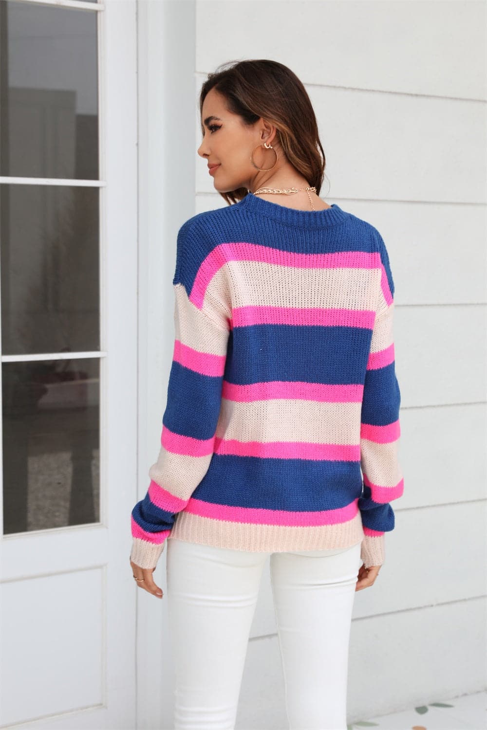 Color Block Round Neck Dropped Shoulder Sweater.