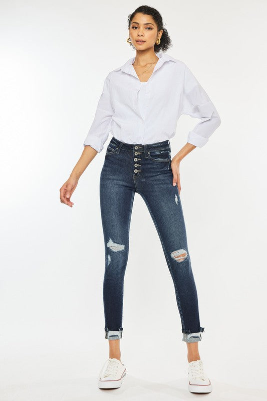 High Rise Button Down Cuffed Ankle Skinny Jeans KanCan Coco’s Tee Boutique