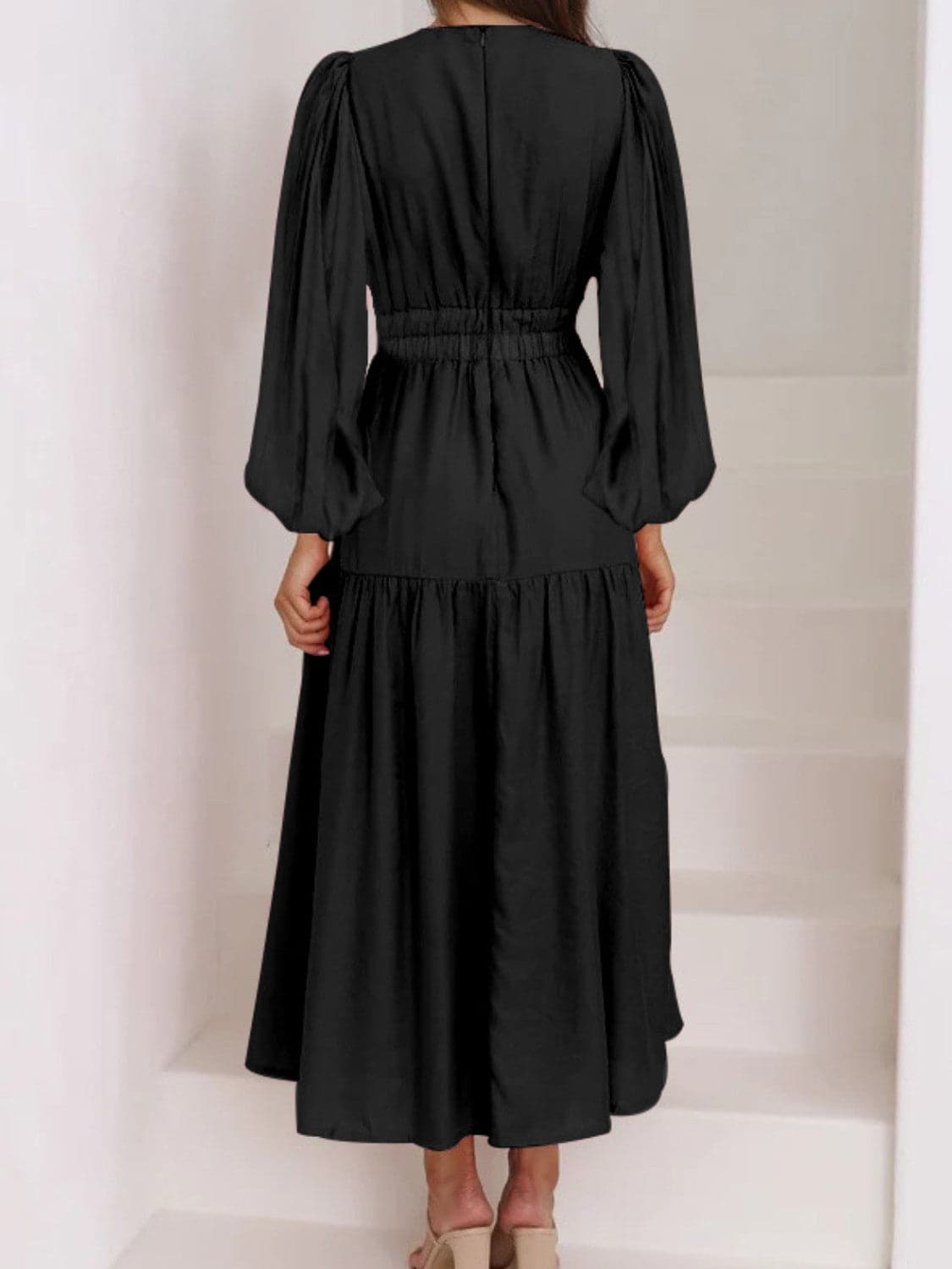 Deep V-Neck Balloon Sleeve Plain Maxi Dress.