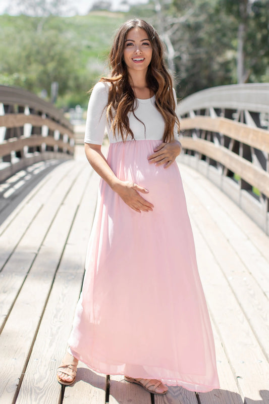 PinkBlush Petite Light Pink Chiffon Colorblock Maternity Maxi Dress PinkBlush
