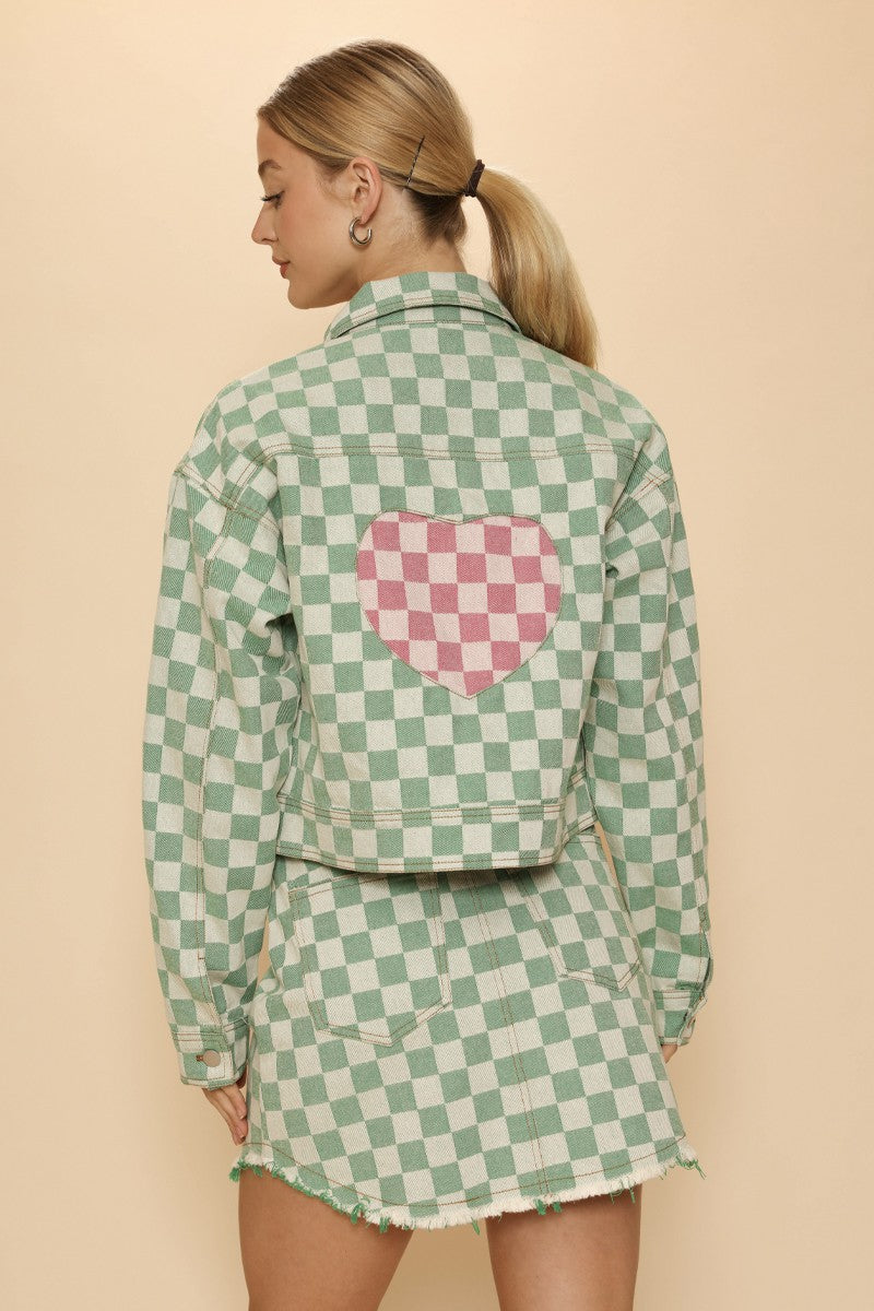 Cropped checkered heart denim jacket Miss Sparkling