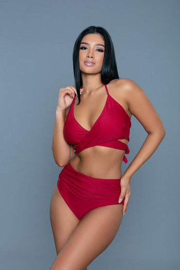Coastal Elegance Wrap Bikini Set - Red/Blue and Maroon