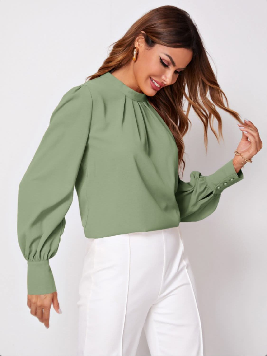 Ruched Mock Neck Long Sleeve Blouse