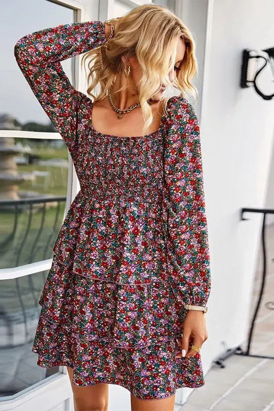 Floral Long Sleeve Dress With Square Neckline And Shirred Waist Miss Sparkling