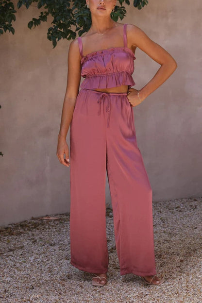 Ruffled Sleeveless Top and Wide Leg Pants Set.