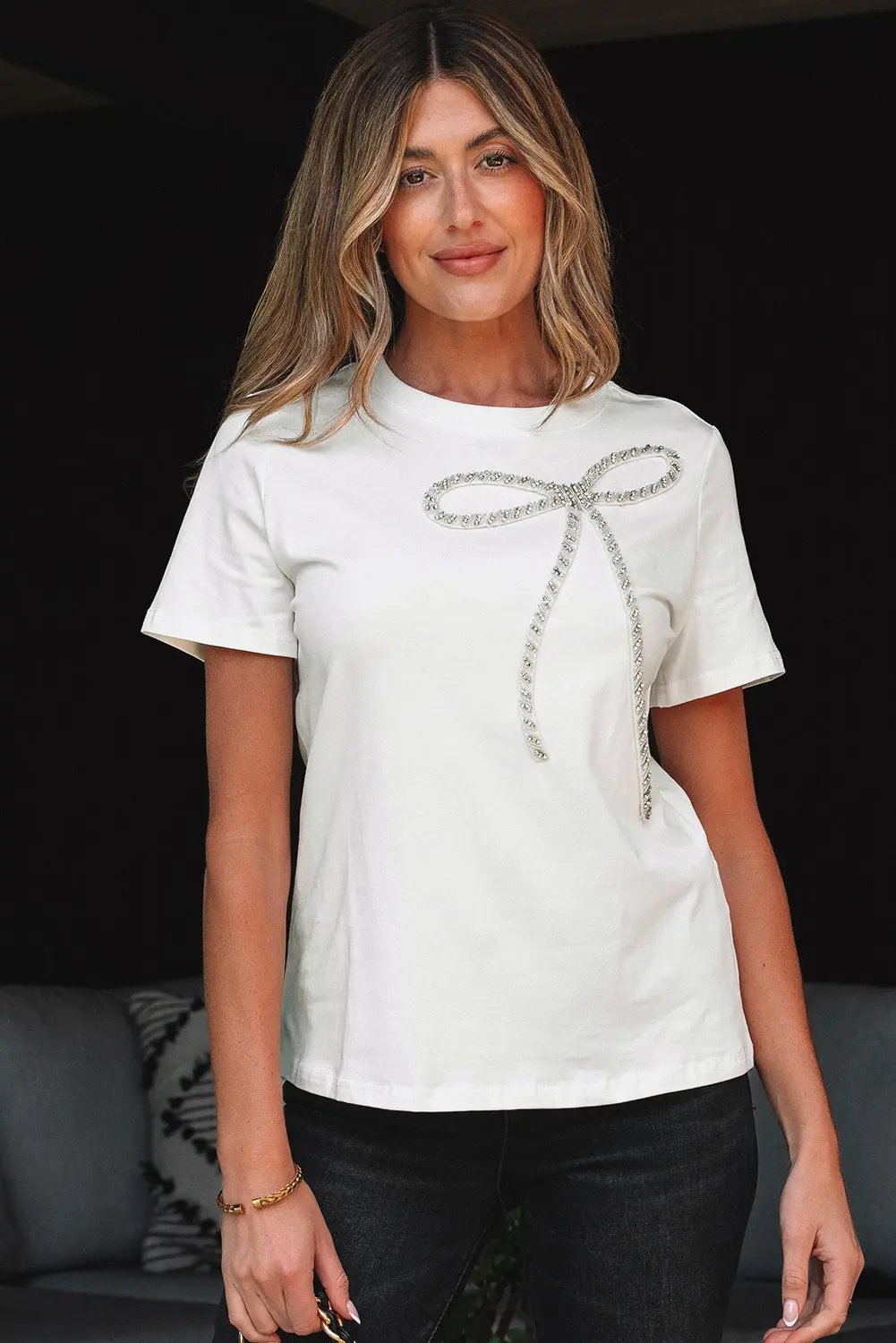 White Rhinestone Bow Embellished Round Neck Tee for Women Love Salve