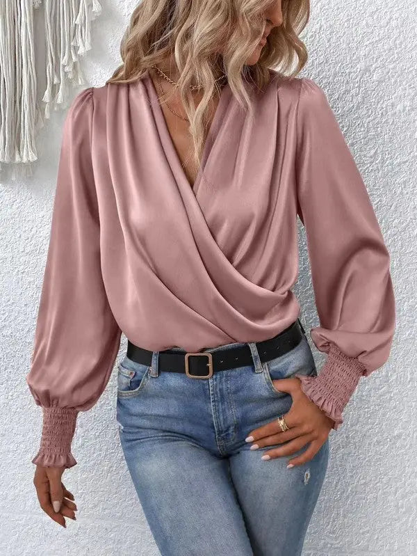 Crossover long sleeve silk blouse Miss Sparkling