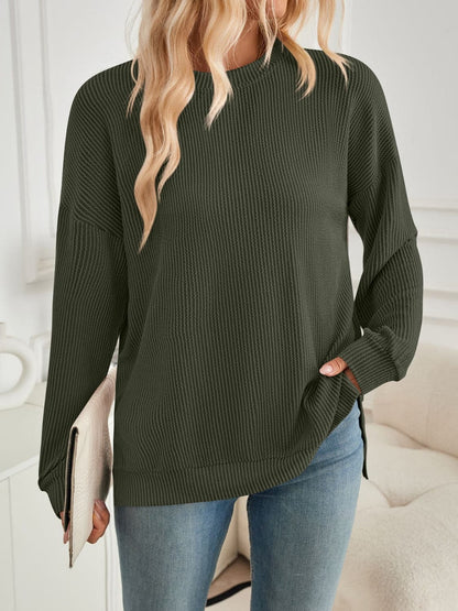 Slit Round Neck Long Sleeve Sweatshirt.