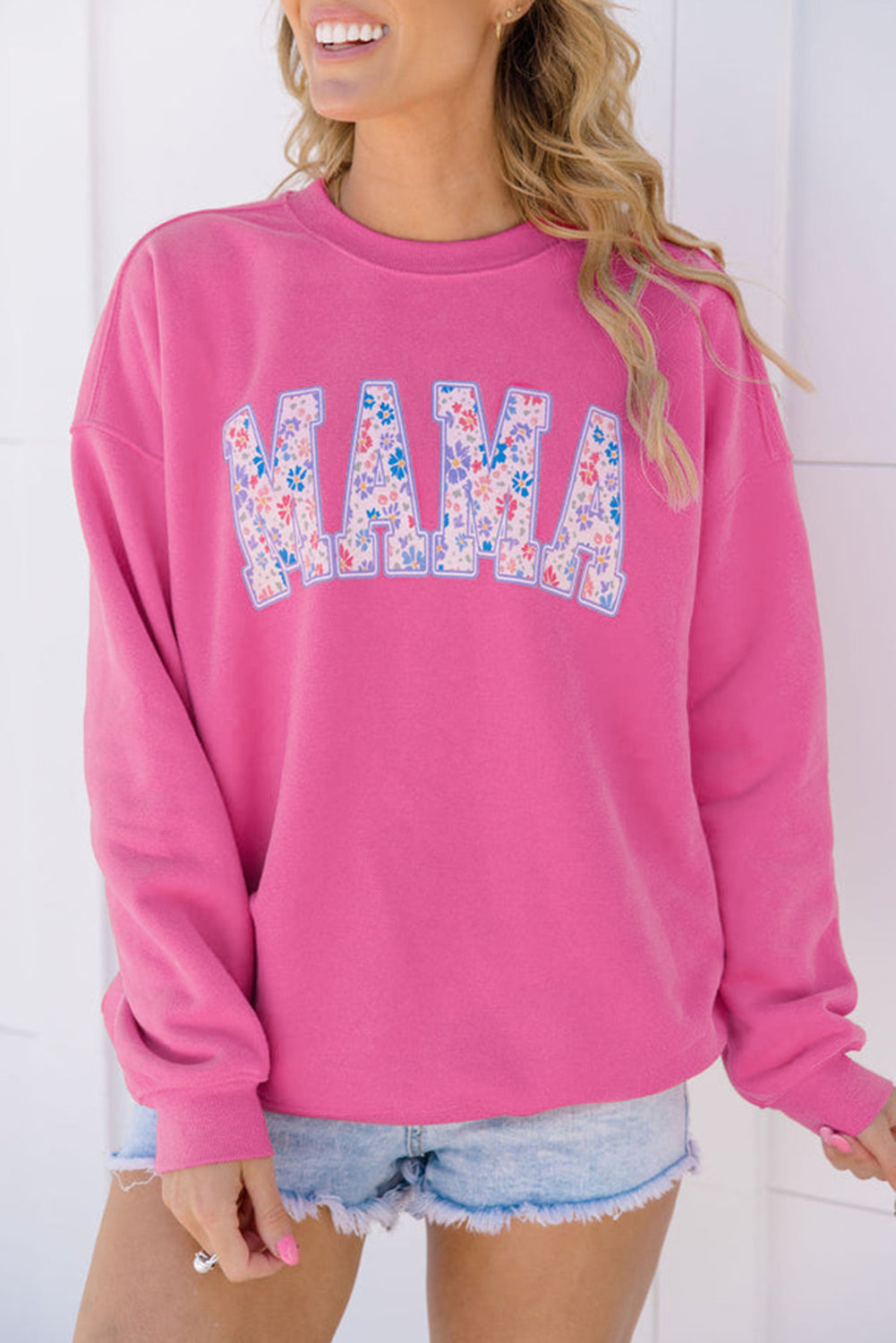 Floral mama embroidered pullover in rose red