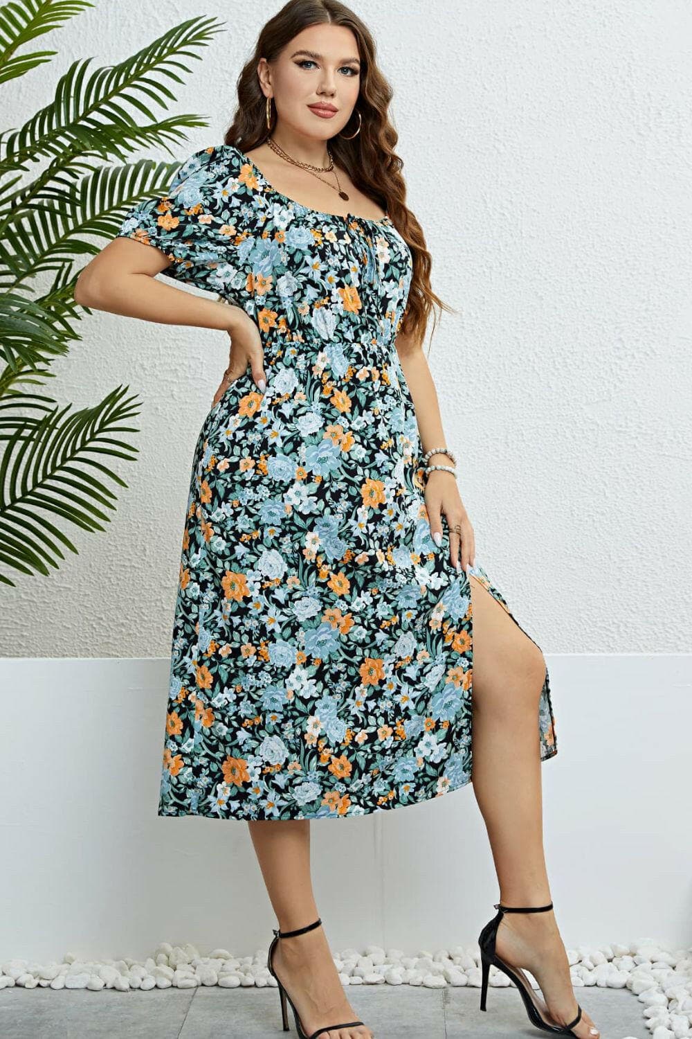 Floral Split Short Sleeve Dress.