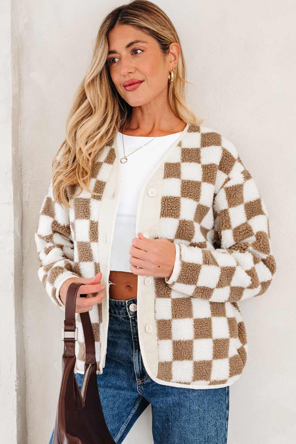 Brown Checkered Sherpa Buttoned Front Chunky Jacket Dear-Lover Dropshipping
