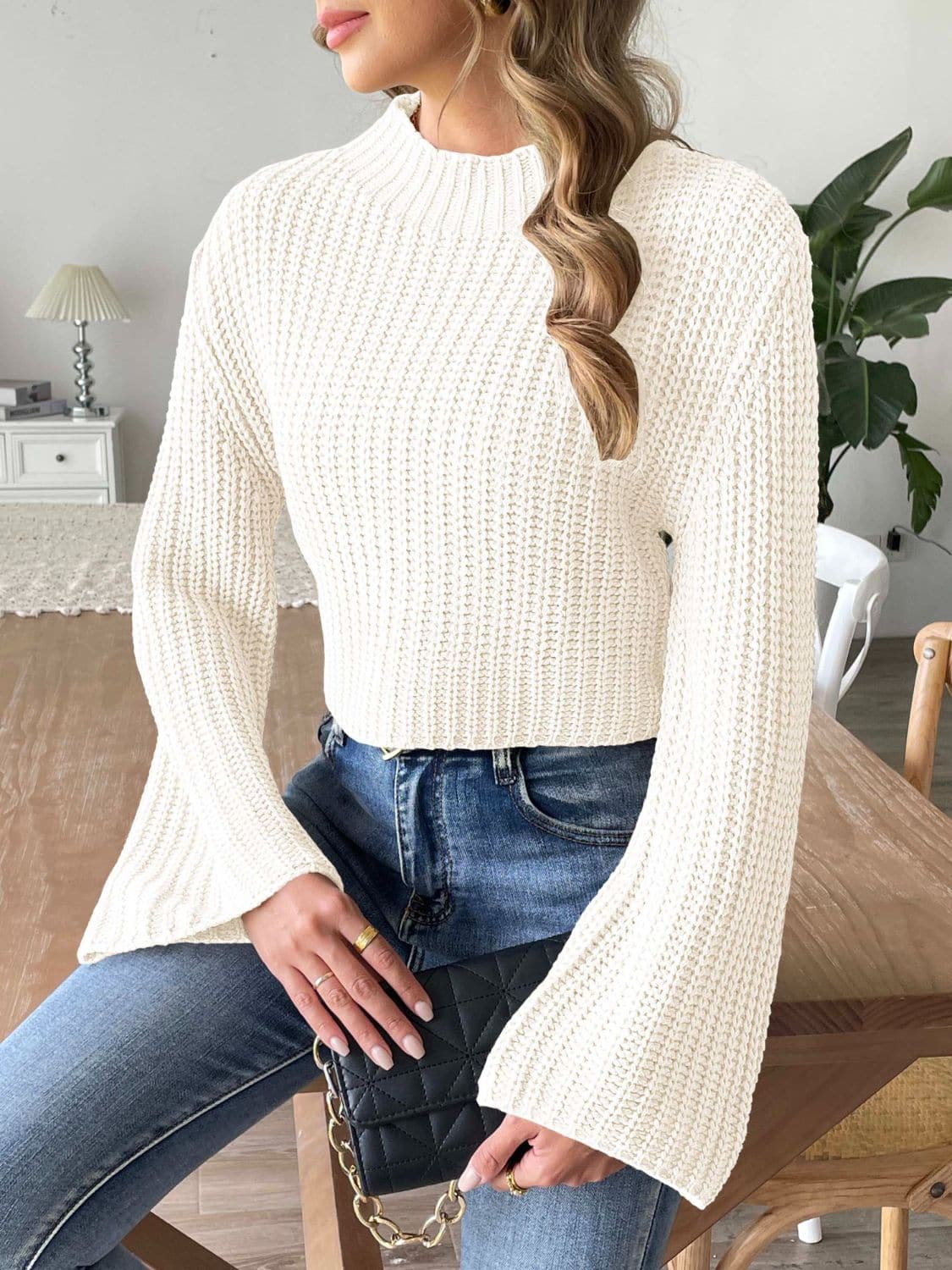 Cozy mock neck long sleeve knit sweater