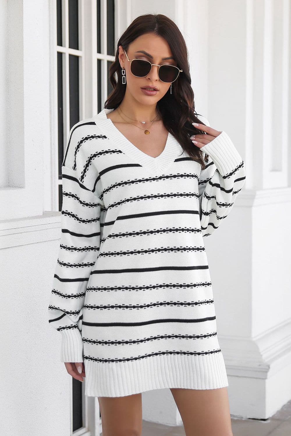 Striped V-Neck Sweater Dress.