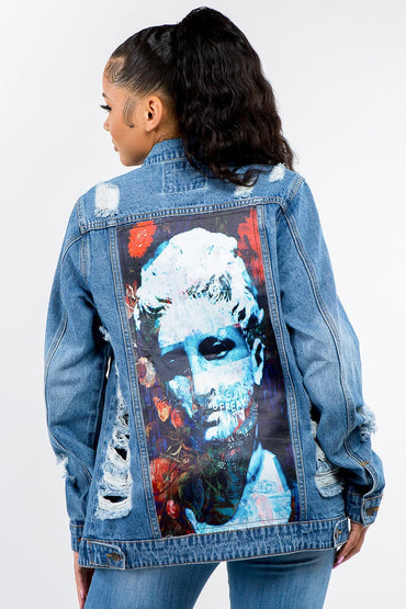 Distressed denim button-up jacket with vintage flair