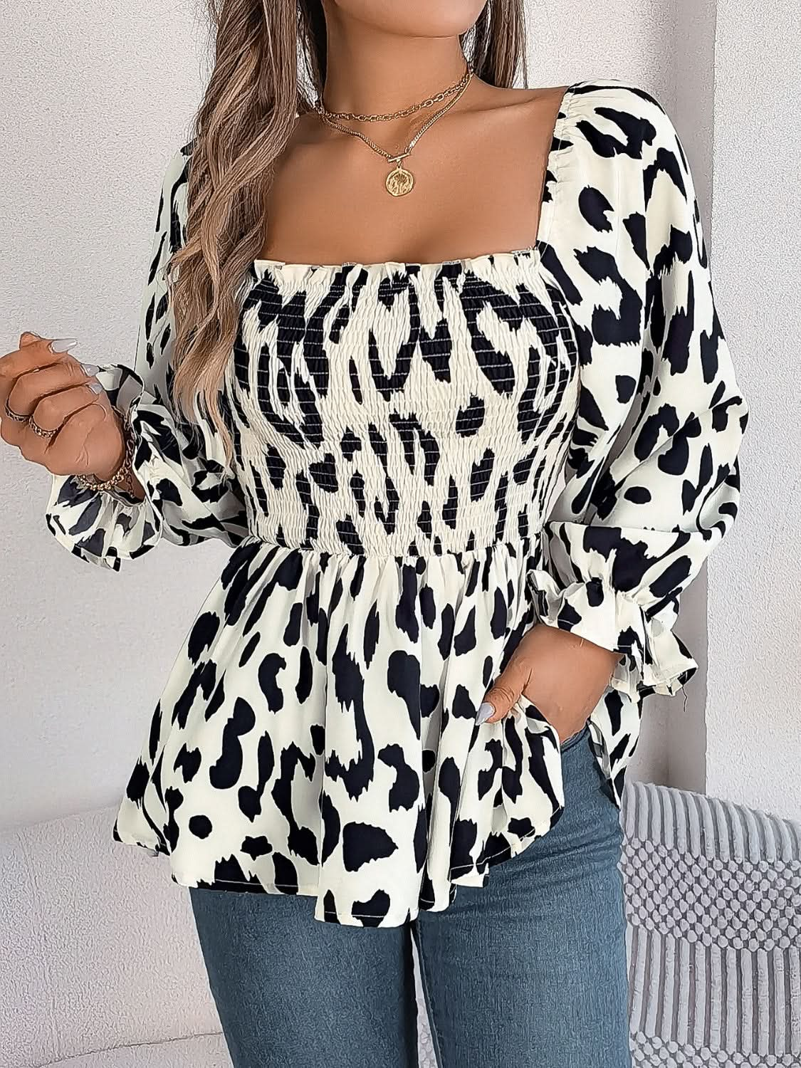 Ruffled square neck blouse with flounce sleeves